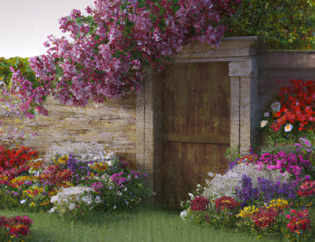 A flower garden in front of a heavy wooden door in a stone wall