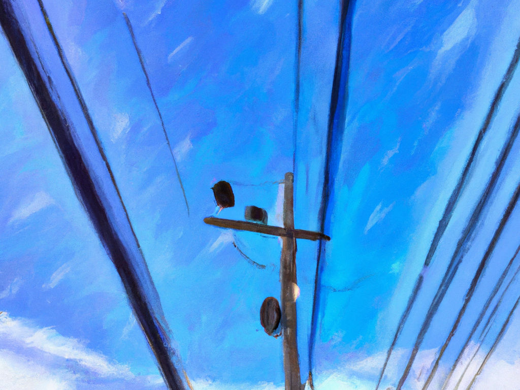 An oil painting of electric wires running across a blue sky