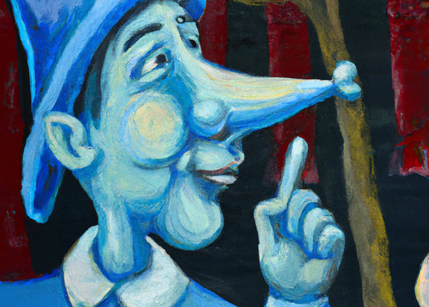 A blue-colored jester, with a long nose like pinocchio lying.