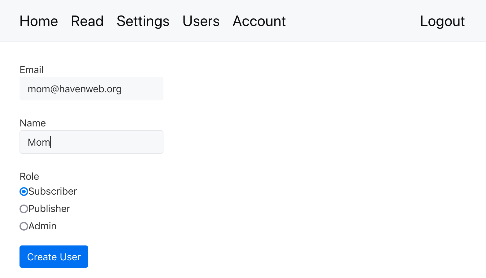 Haven screenshot of new user form